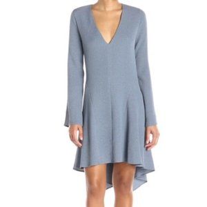BCBGMAXAZRIA ROBYN BLUE GREY TEXTURED LONG SLEEVE HIGH LOW DRESS - L